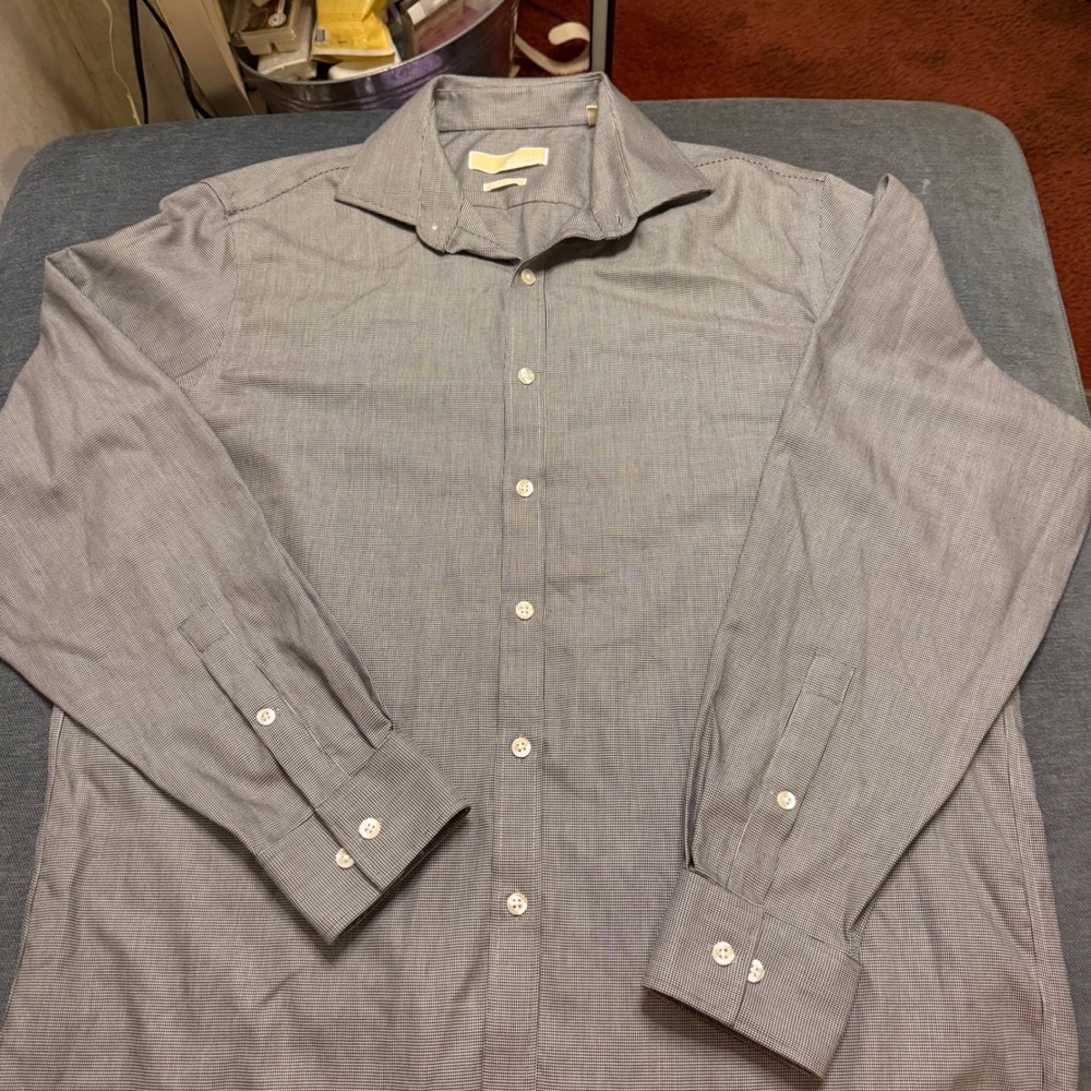 Michael Kors Mens Non Iron Dress Shirt Grey‎ Micro Houndstooth Long Sleeve 16.5